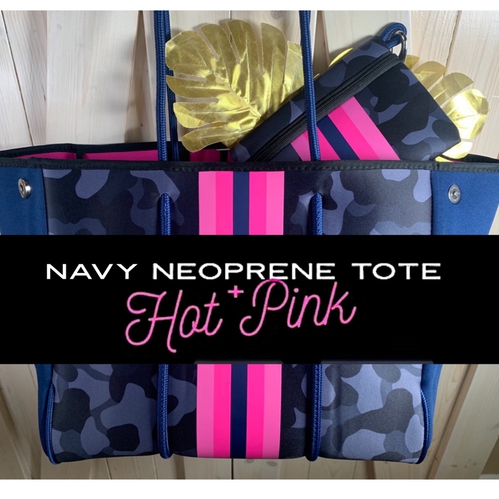 new Navy blue Camo Neoprene Tote + hot pink racing stripes +more purse bag totes